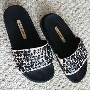 Zara Black Beaded Platform slide Sandals size 37